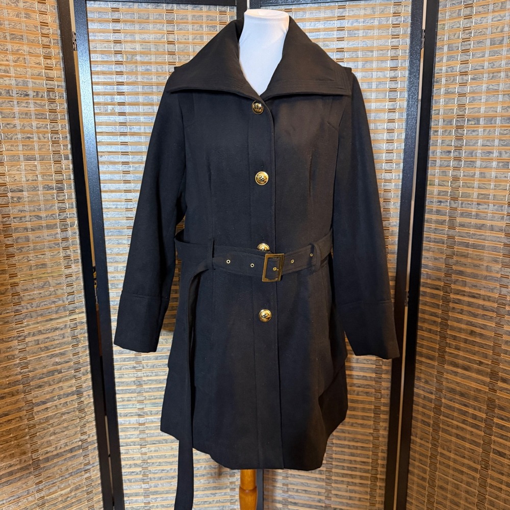 Marvin Richards Trench Coat Women 1X Black Gold Button Belted Tiered 00JO2006